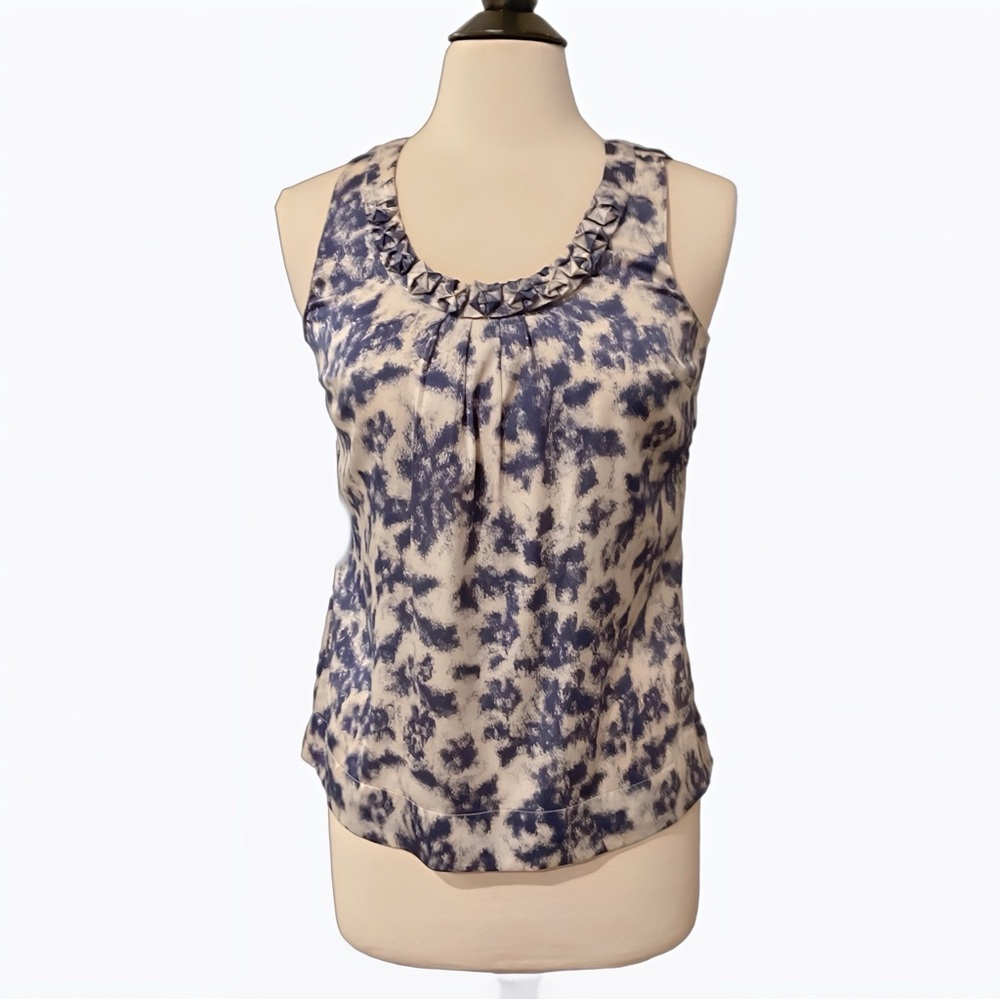Halogen Blue and Cream Ruffled Sleeveless Silk Blouse NWOT